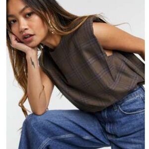 ASOS DESIGN Premium Padded Shoulder Sleeveless Check Plaid Top Brown Heritage